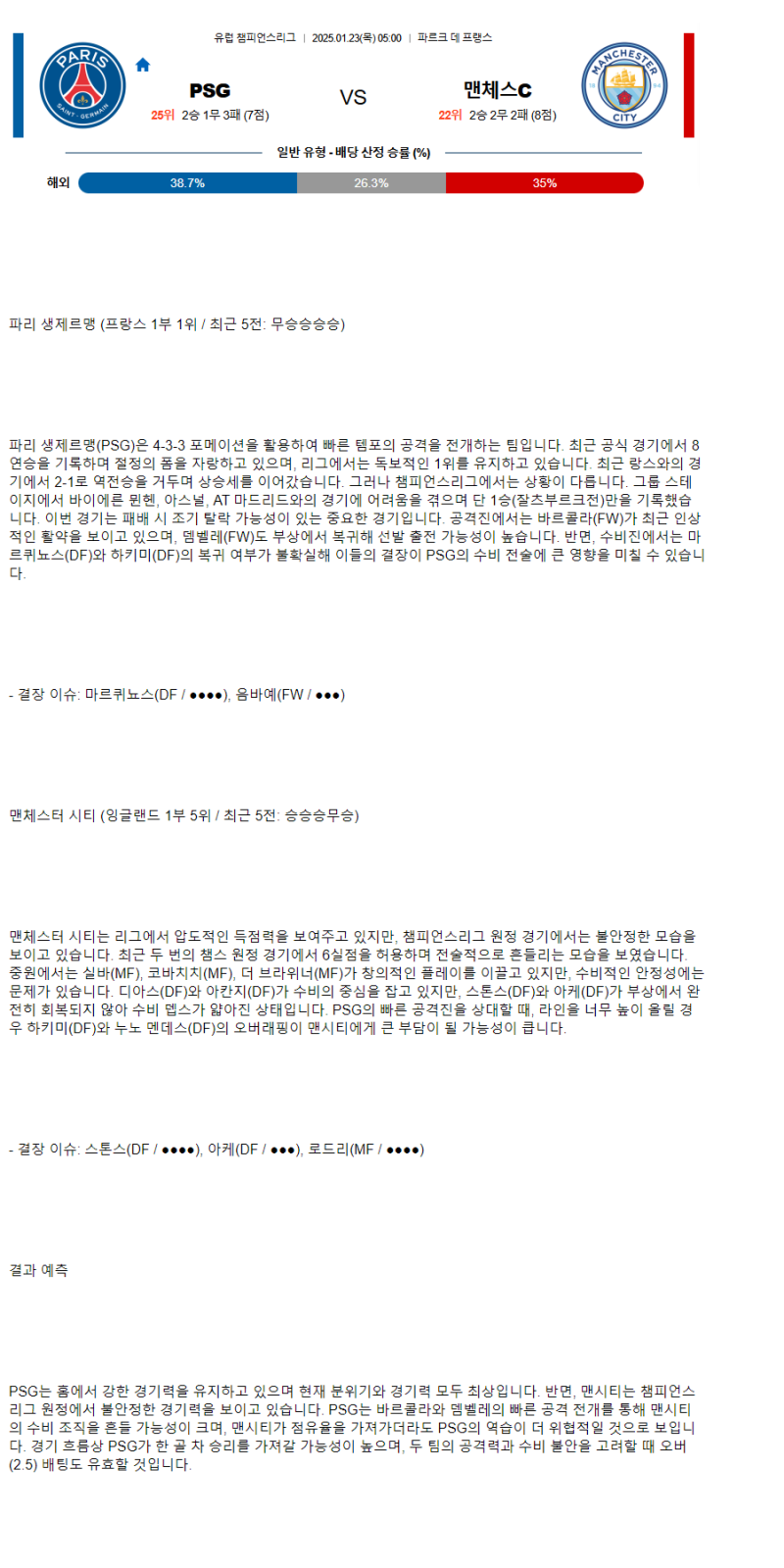 2025년1월23일 파리 생제르맹 FC 맨체스터 시티 FC 스포츠 분석 및 중계 올스티비