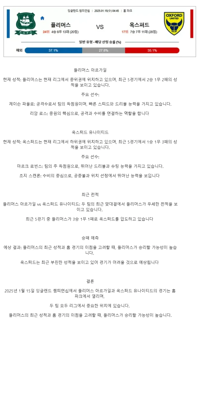 2025년1월15일 플리머스 아르가일 옥스퍼드 유나이티드 해외축구 중계 및 분석 올스티비