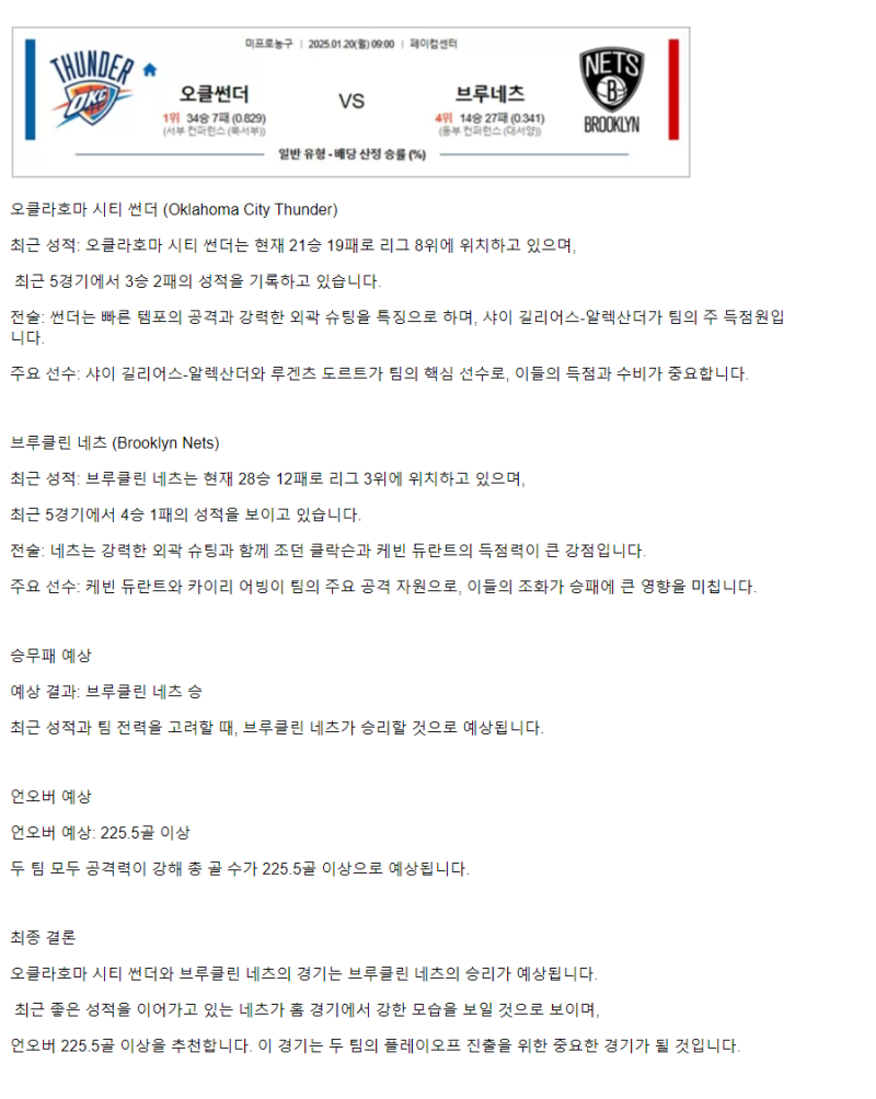 2025년1월20일 오클라호마 시티 썬더 브루클린 네츠 해외농구 분석 및 중계 올스티비