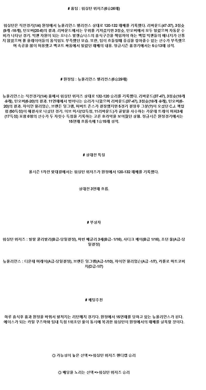 2025년1월6일 워싱턴 위저즈 뉴올리언즈 펠리컨스 NBA 중계 및 분석 올스티비