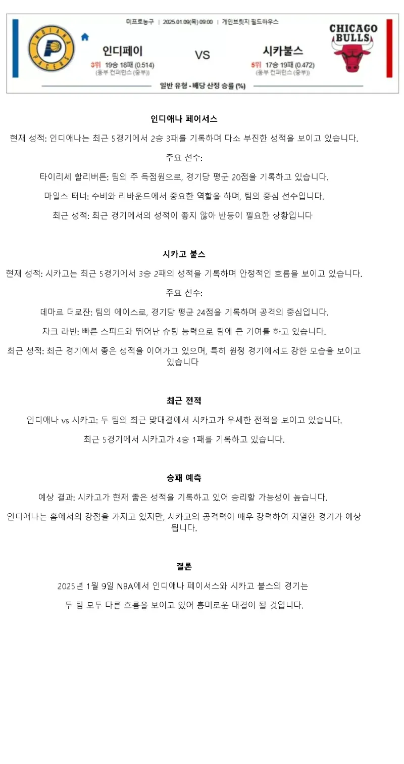 2025년1월9일 인디애나 페이서스 시카고 불스 미국농구 분석 및 중계 올스티비