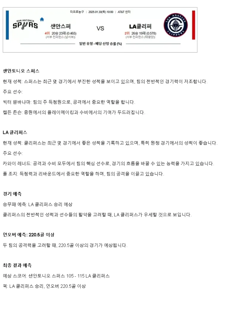 2025년1월30일 샌안토니오 스퍼스 LA 클리퍼스 미국농구 분석 및 중계 올스티비