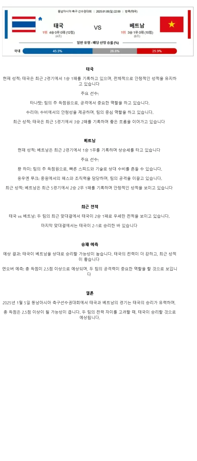 2025년1월5일 태국 베트남 해외축구 분석 및 중계 올스티비