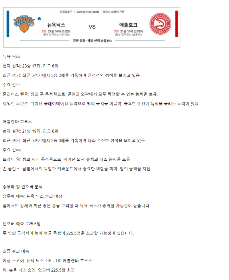 2025년1월21일 뉴욕 닉스 애틀랜타 호크스 해외농구 중계 및 분석 올스티비
