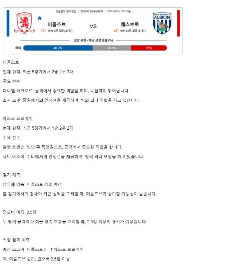2025년1월22일 더비카운티 미들즈보르 웨스트브롬위치 해외축구 분석 및 중계 올스티비
