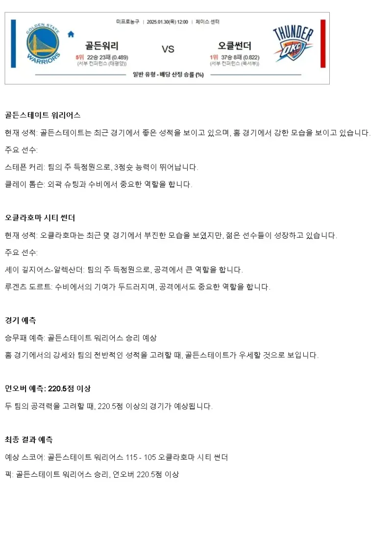 2025년1월30일 골든스테이트 워리어스 오클라호마 시티 썬더 미국농구 분석 및 중계 올스티비