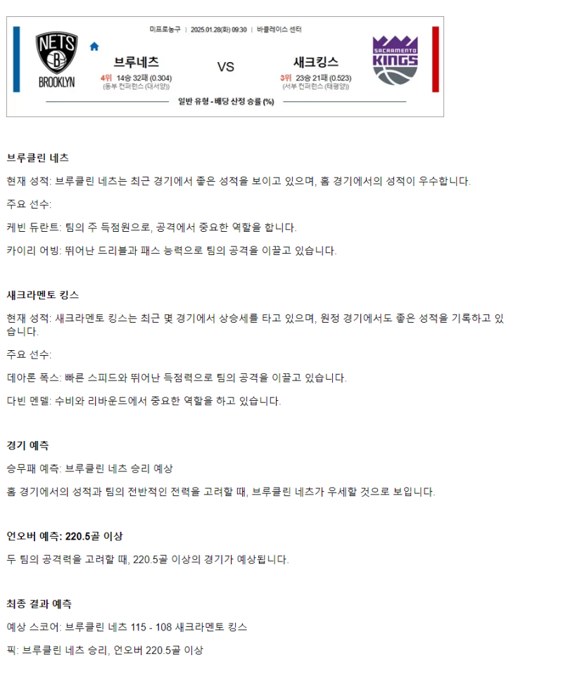 2025년1월28일 브루클린 네츠 새크라멘토 킹스 미국농구 중계 및 분석 올스티비