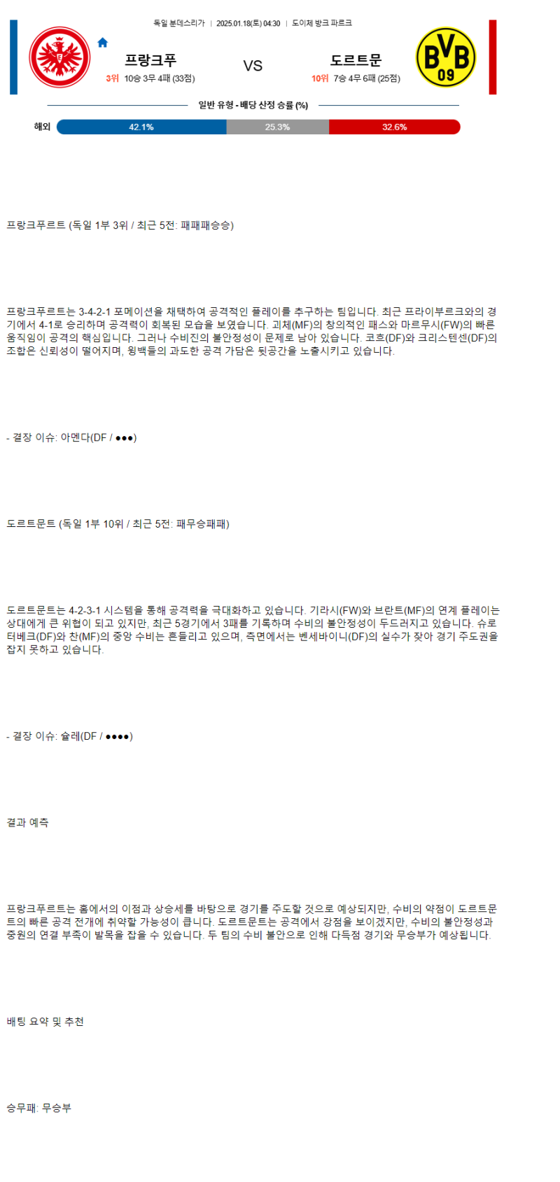2025년1월18일 아인트라흐트 프랑크푸르트 BV 보루시아 09 도르트문트 스포츠 중계 및 분석 올스티비