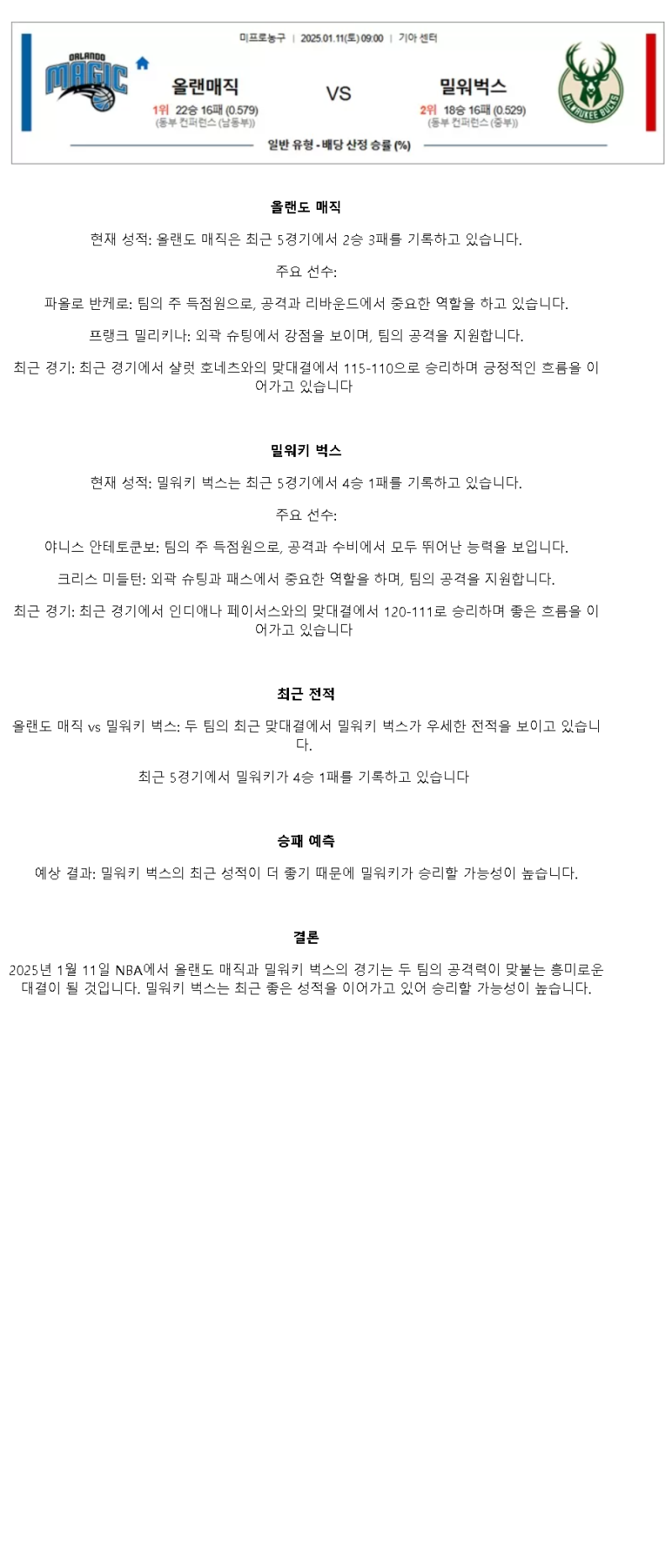 2025년1월11일 올랜도 매직 밀워키 벅스 NBA 분석 및 중계 올스티비