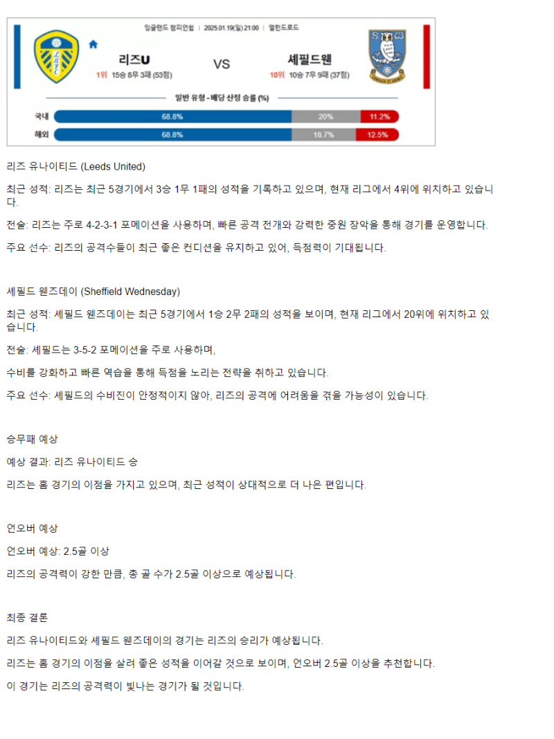 2025년1월19일 리즈 유나이티드 FC 셰필드 웬즈데이 스포츠 분석 및 중계 올스티비