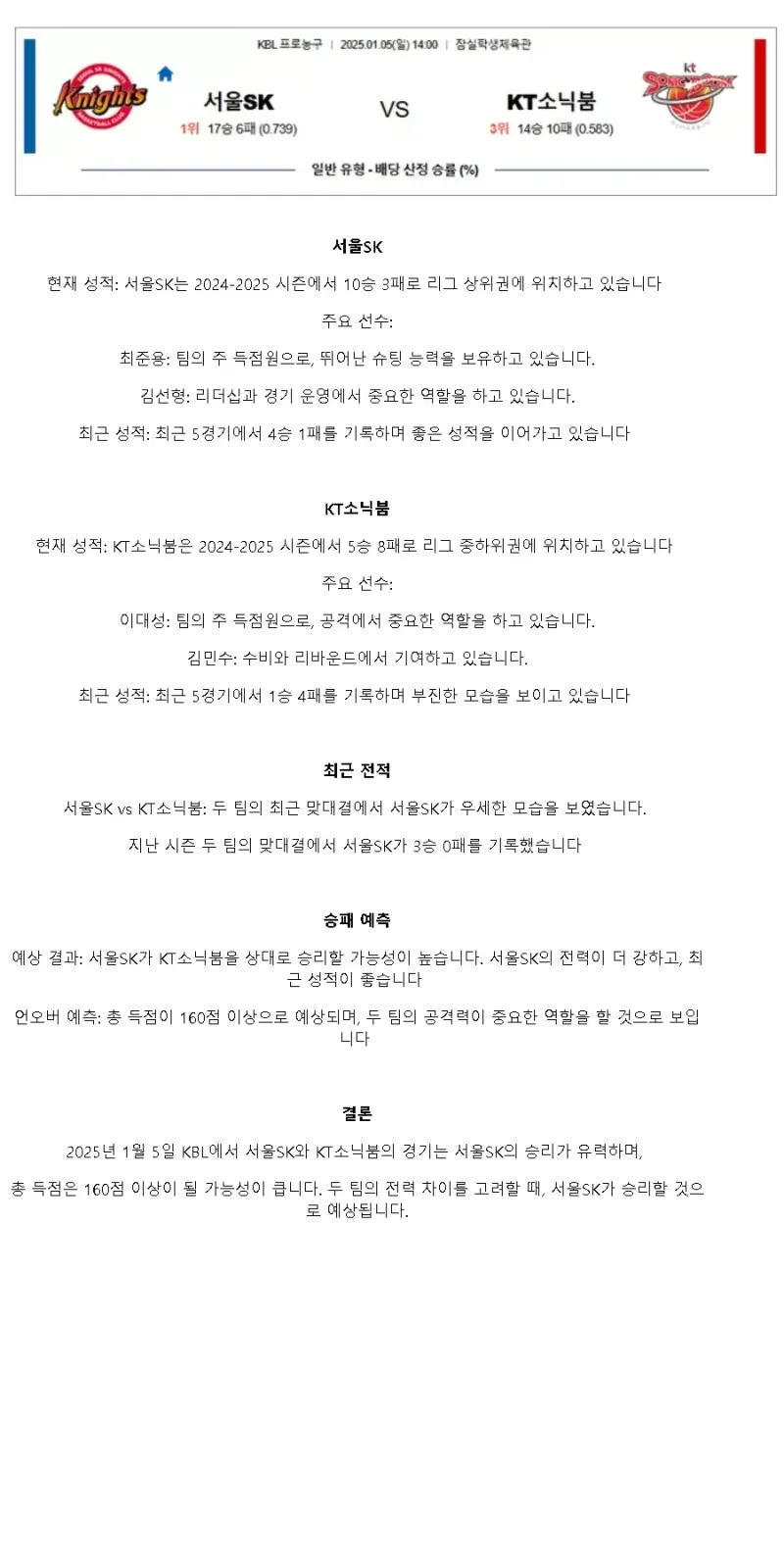 2025년1월5일 서울 SK 나이츠 수원 KT 소닉붐 KBL 올스티비