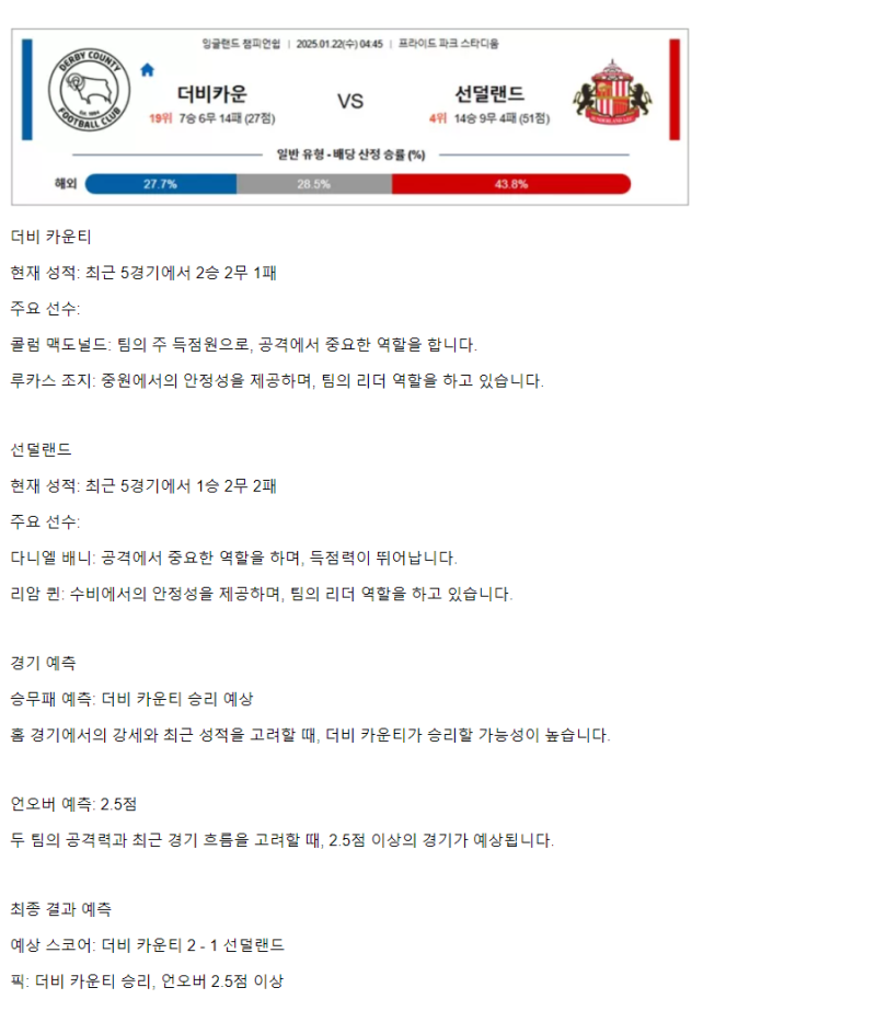 2025년1월22일 더비카운티 선더랜드 해외스포츠 중계 및 분석 올스티비