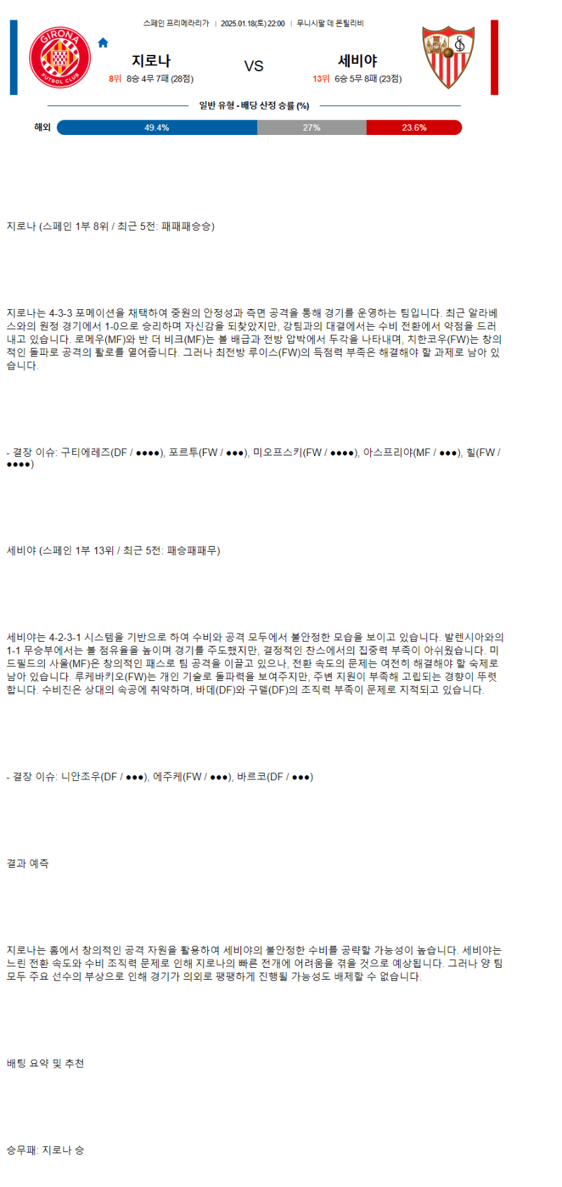 2025년1월18일 지로나 FC 세비야 FC 해외축구 중계 및 분석 올스티비