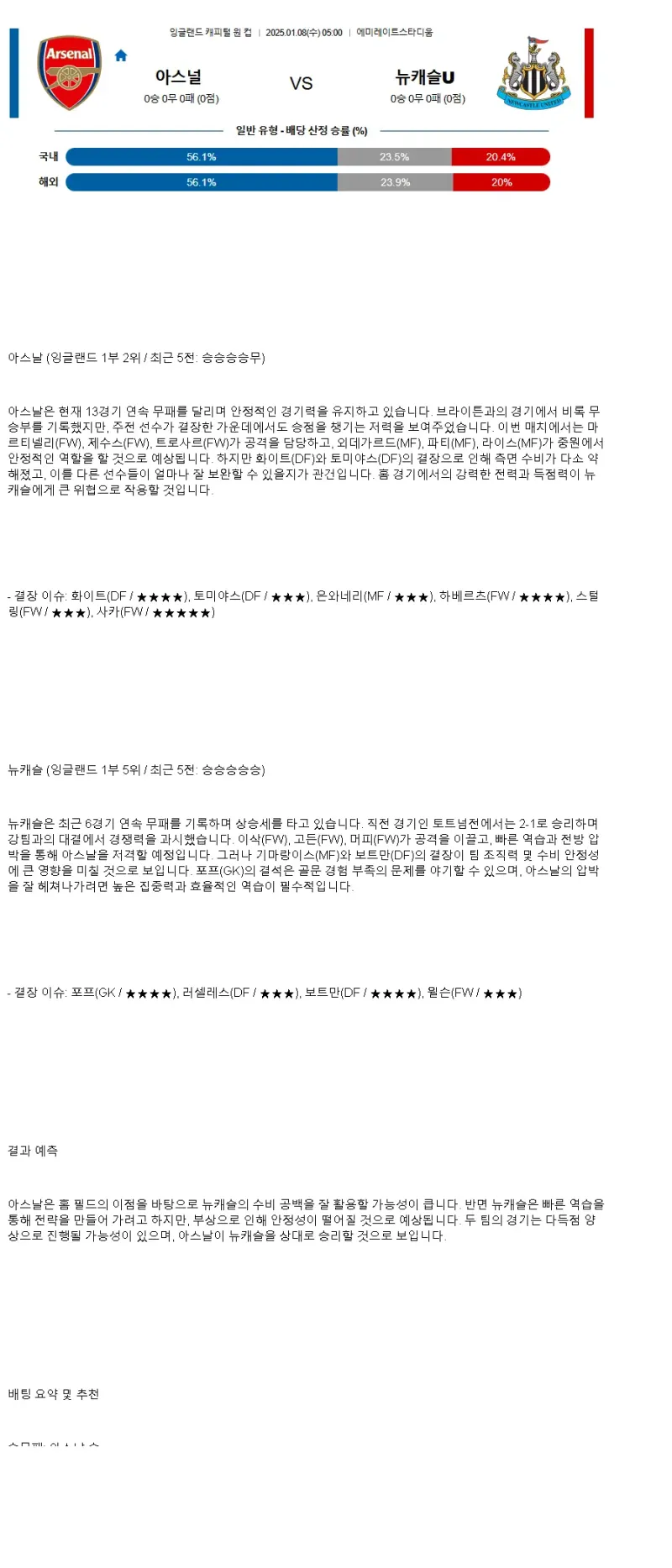 2025년1월7일 아스널 FC 뉴캐슬 유나이티드 FC 해외스포츠 중계 및 분석 올스티비