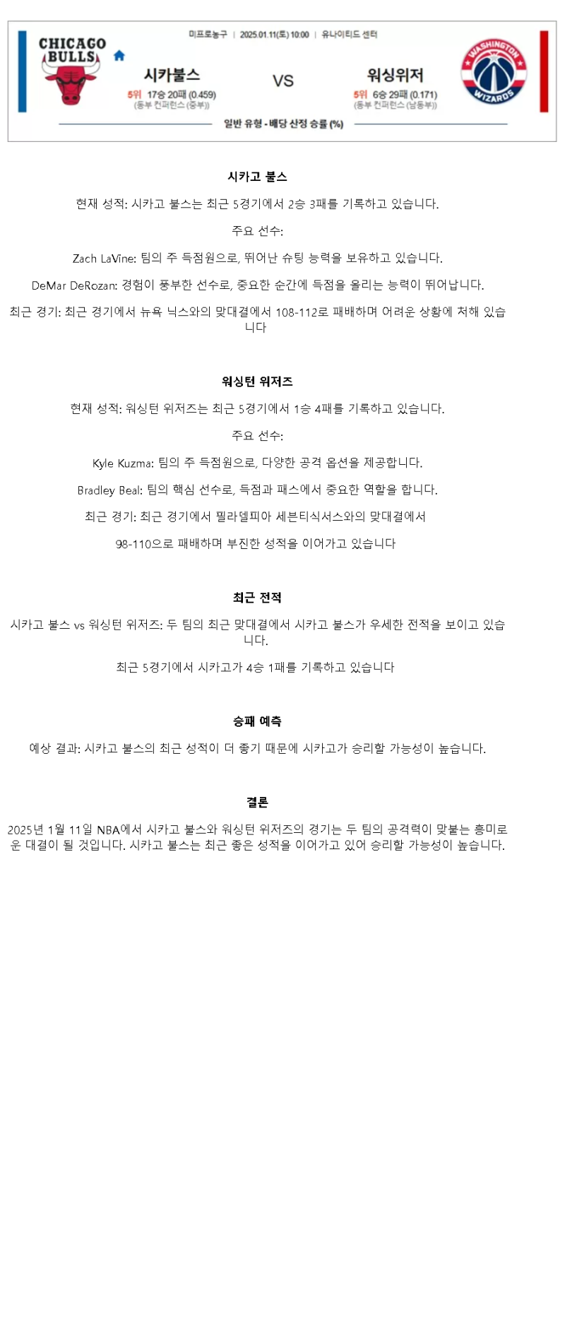 2025년1월11일 시카고 불스 워싱턴 위저즈 NBA 분석 및 중계 올스티비