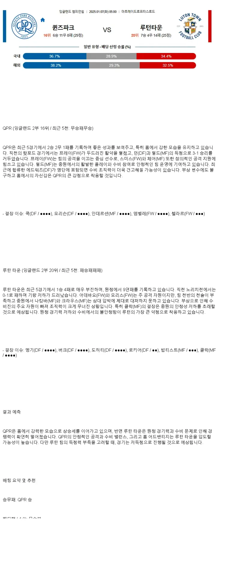 2025년1월7일 퀸즈파크 루턴타운 해외축구 중계 및 분석 올스티비