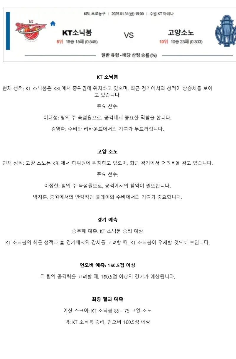 2025년1월31일 수원 KT 소닉붐 스카이거너스 KBL 올스티비