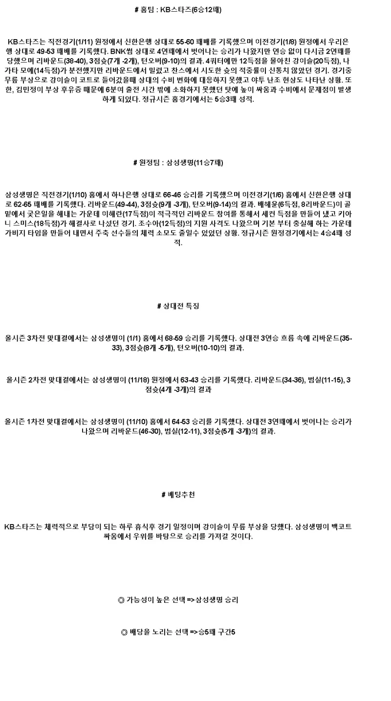 2025년1월13일 청주 KB스타즈 용인 삼성생명 블루밍스 KBL 올스티비