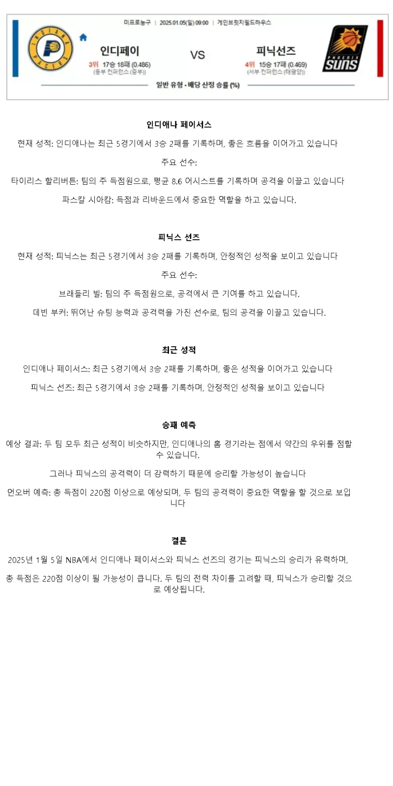 2025년1월5일 인디애나 페이서스 피닉스 선즈 미국농구 분석 및 중계 올스티비