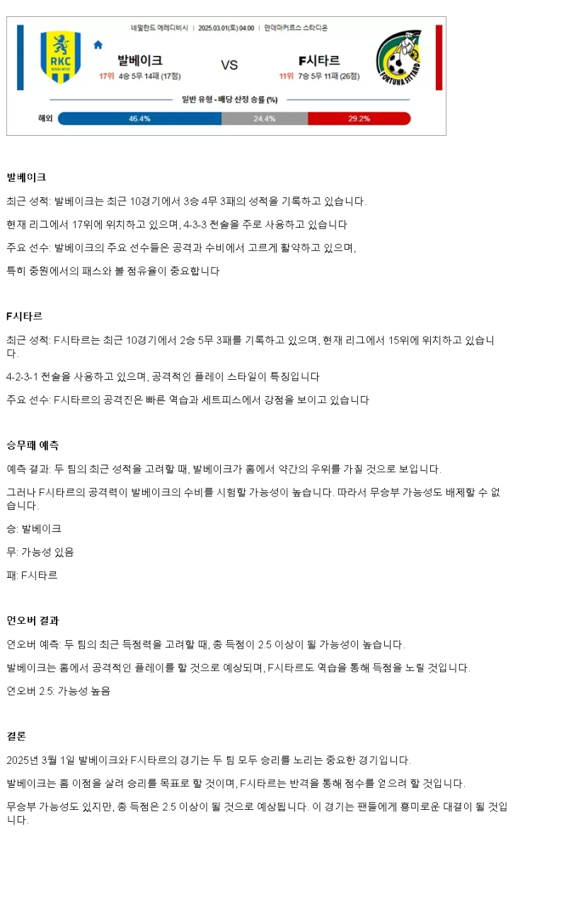2025년3월1일 RKC 발베이크 포르투나 시타르트 해외축구 분석 및 중계 올스티비