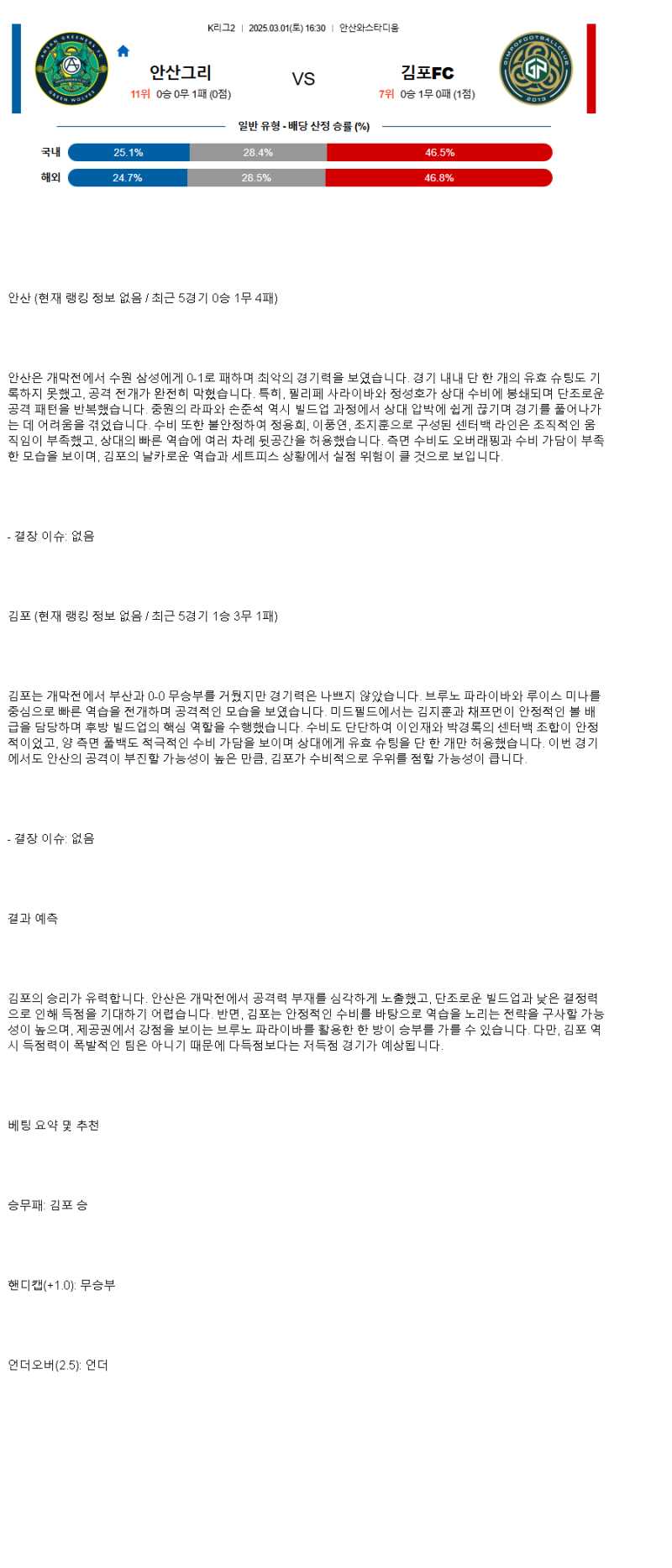 2025년3월1일 안산 그리너스 김포FC 국내축구 중계 및 분석 올스티비