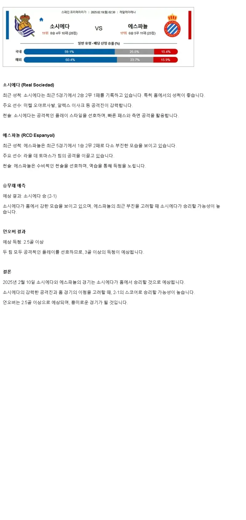 2025년2월10일 레알 소시에다드 데 풋볼 RCD 에스파뇰 해외축구 분석 및 중계 올스티비