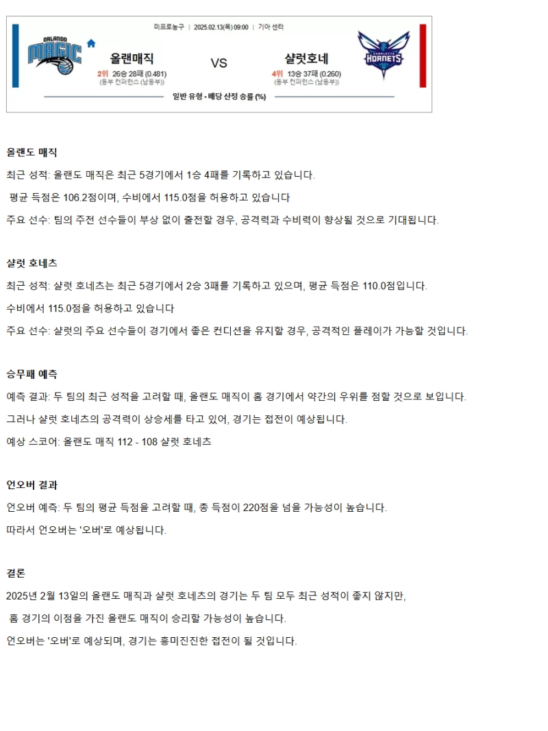 2025년2월13일 올랜도 매직 샬럿 호네츠 미국농구 중계 및 분석 올스티비