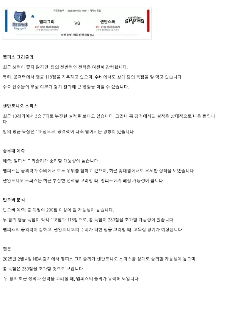 2025년2월4일 멤피스 그리즐리스 샌안토니오 스퍼스 미국농구 중계 및 분석 올스티비
