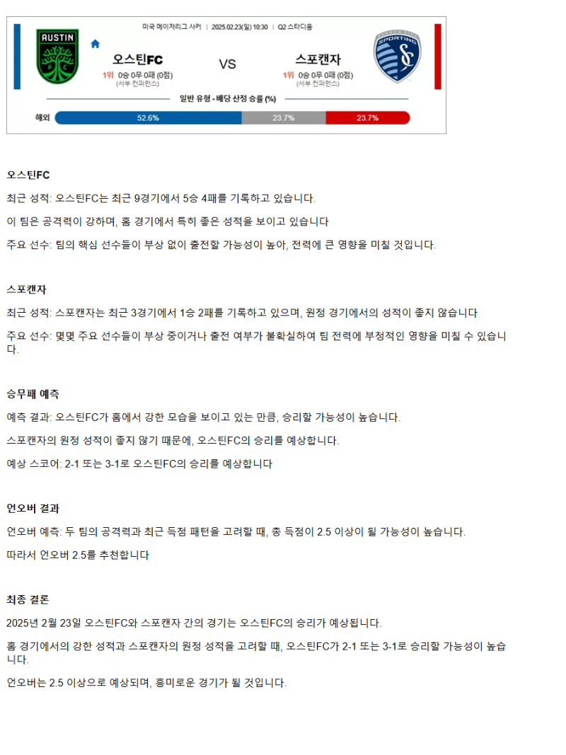 2025년2월23일 오스틴FC 스포팅 캔자스시티 해외스포츠 분석 및 중계 올스티비