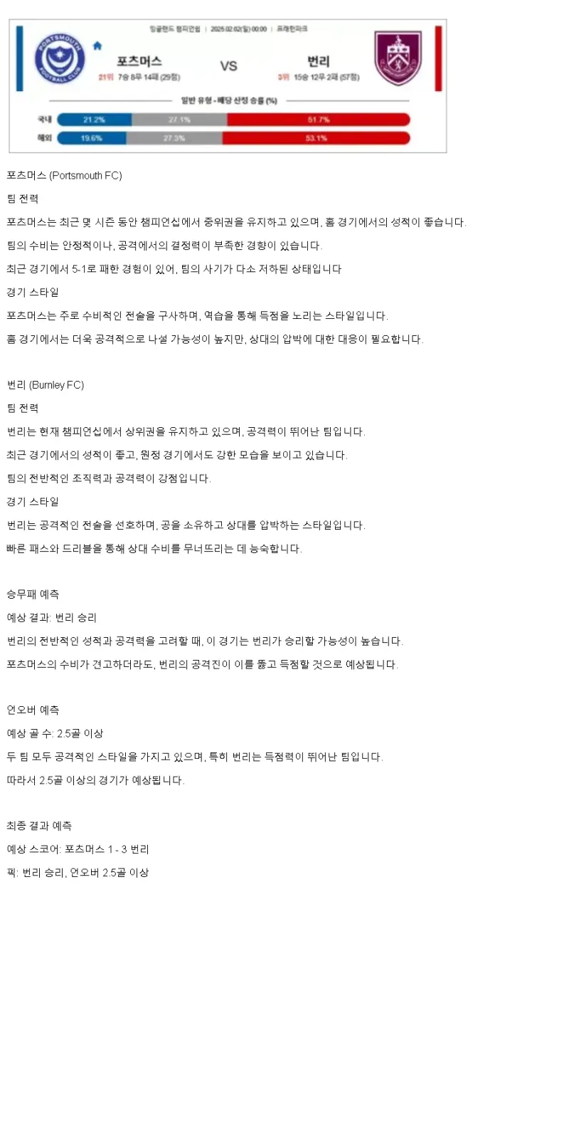2025년2월2일 포츠머스 번리 해외축구 중계 및 분석 올스티비