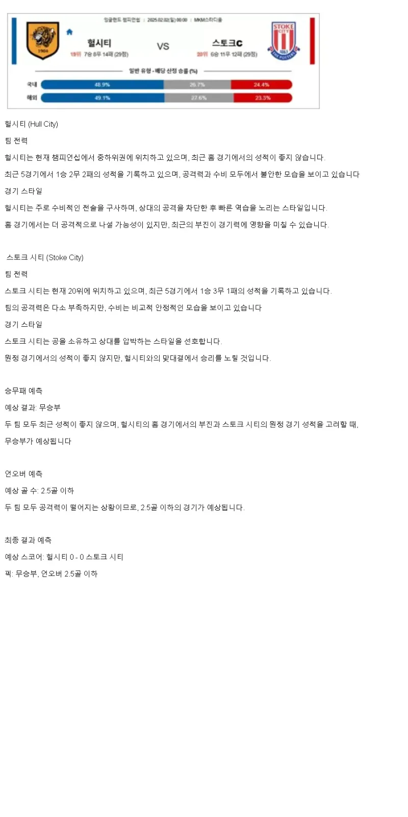 2025년2월2일 헐시티 스토크 시티 해외스포츠 분석 및 중계 올스티비