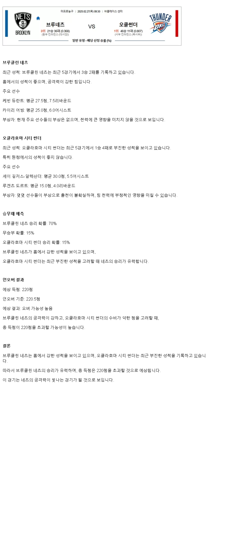 2025년2월27일 브루클린 네츠 오클라호마 시티 썬더 NBA 분석 및 중계 올스티비