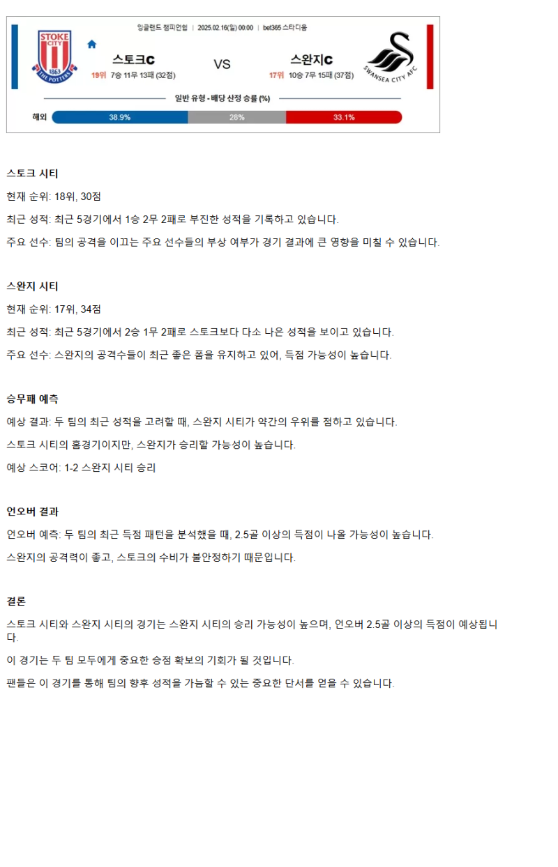 2025년2월16일 스토크시티 스완지시티 해외스포츠 분석 및 중계 올스티비