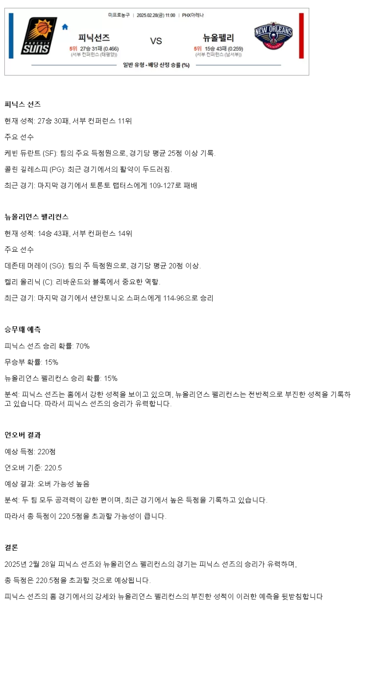 2025년2월28일 피닉스 선즈 뉴올리언즈 펠리컨스 해외농구 중계 및 분석 올스티비