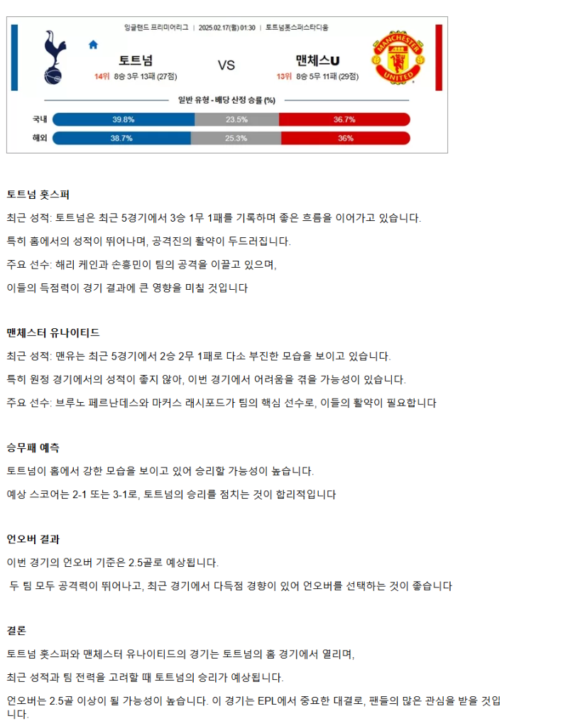 2025년2월17일 토트넘 홋스퍼 FC 맨체스터 유나이티드 FC 스포츠 중계 및 분석 올스티비