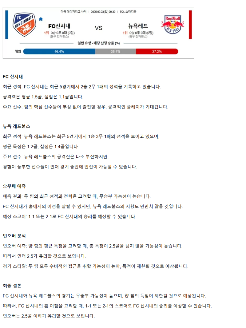2025년2월23일  FC신시내티 뉴욕레드불스 스포츠 분석 및 중계 올스티비