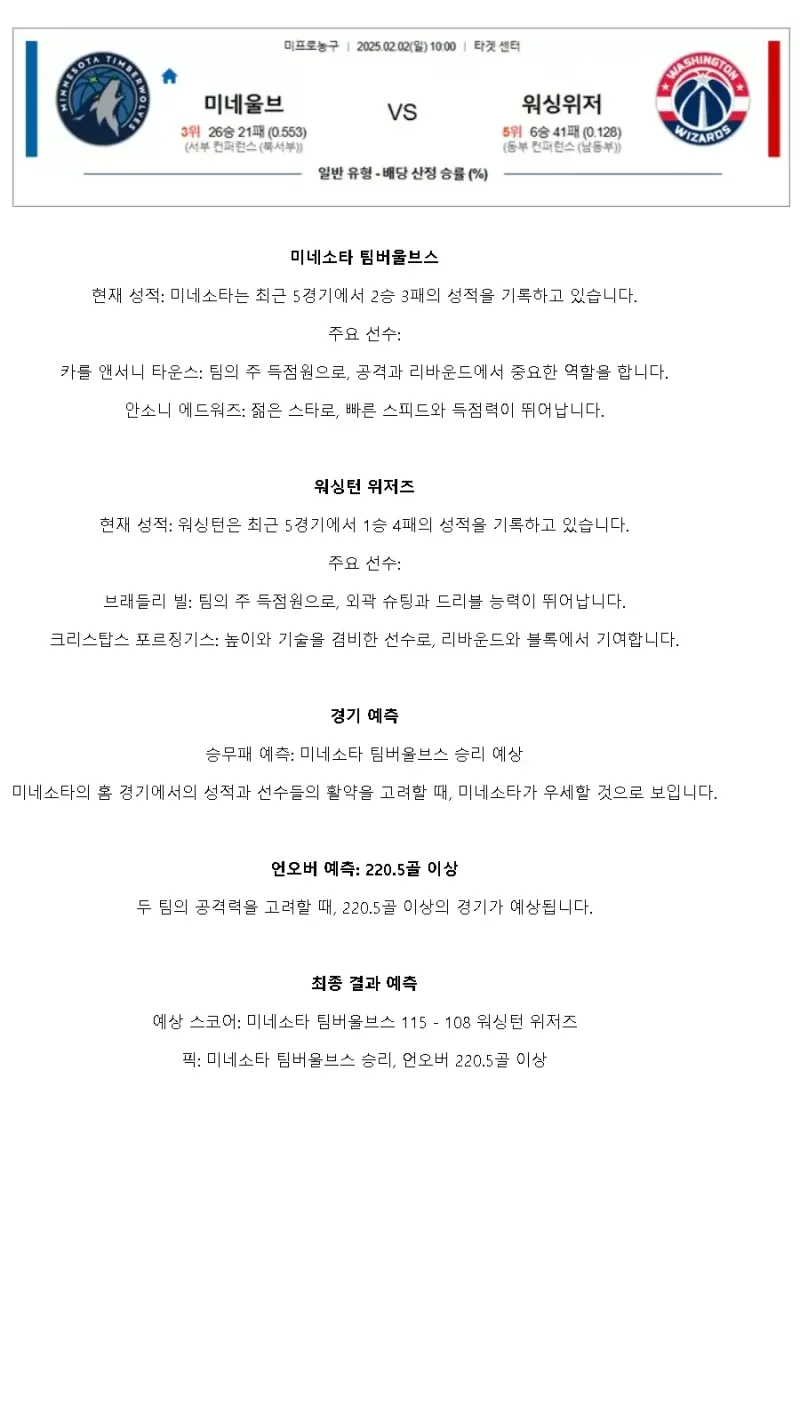 2025년2월2일 미네소타 팀버울브스 워싱턴 위저즈 미국농구 중계 및 분석 올스티비