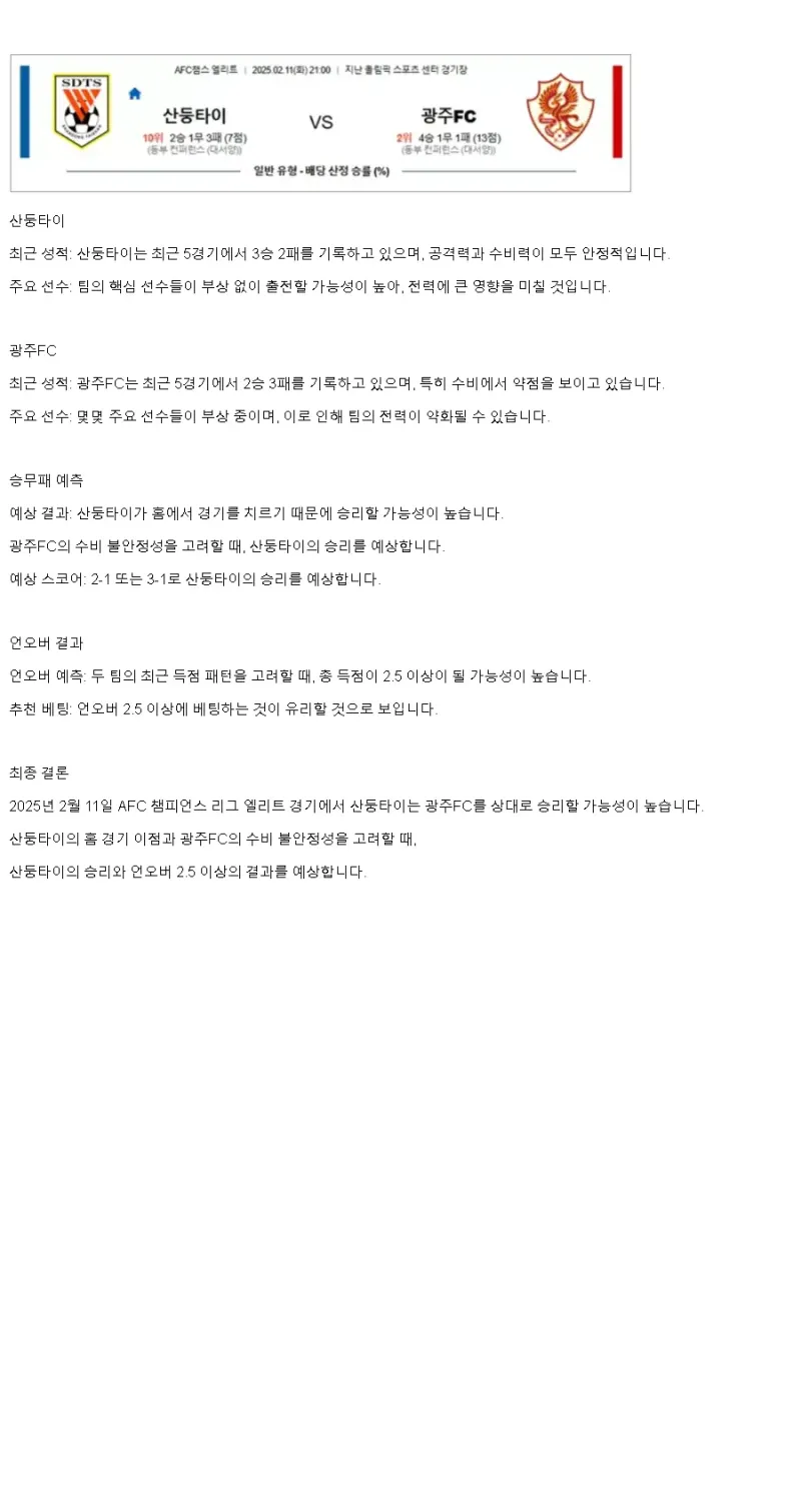 2025년2월11일 산둥 광주FC 해외스포츠 중계 및 분석 올스티비