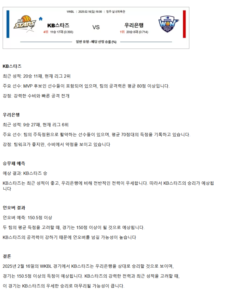 2025년2월16일 청주 KB스타즈 우리은행 우리WON KBL 올스티비
