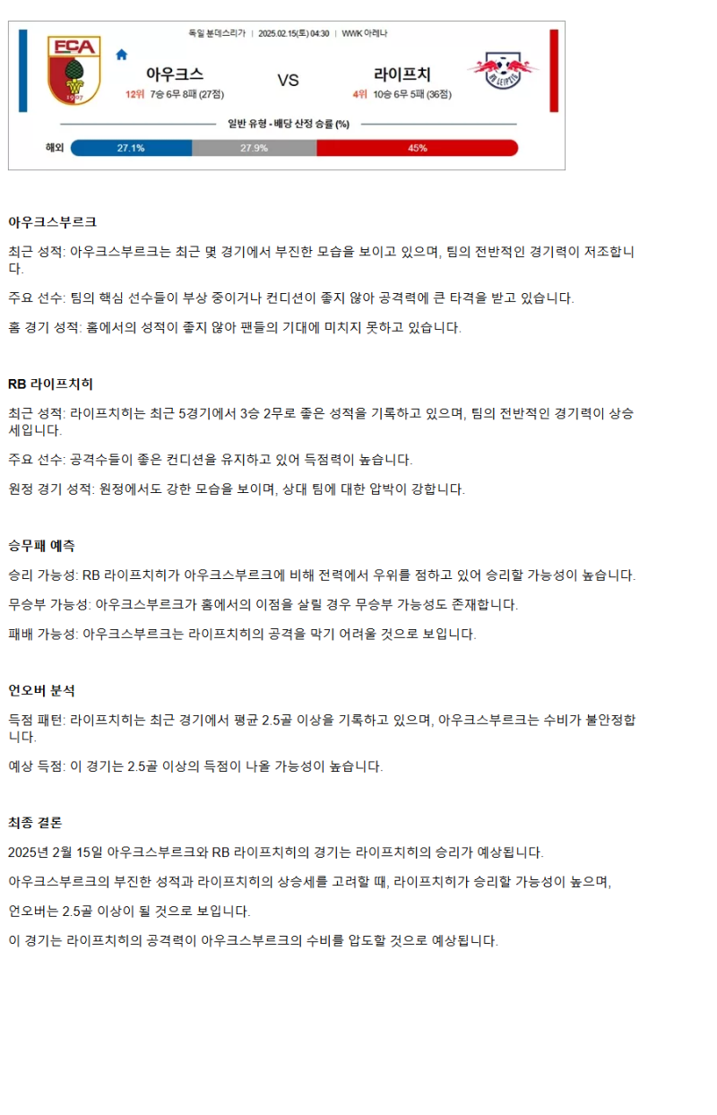 2025년2월15일 FC 아우크스부르크 라젠발스포르트 라이프치히 해외축구 중계 및 분석 올스티비