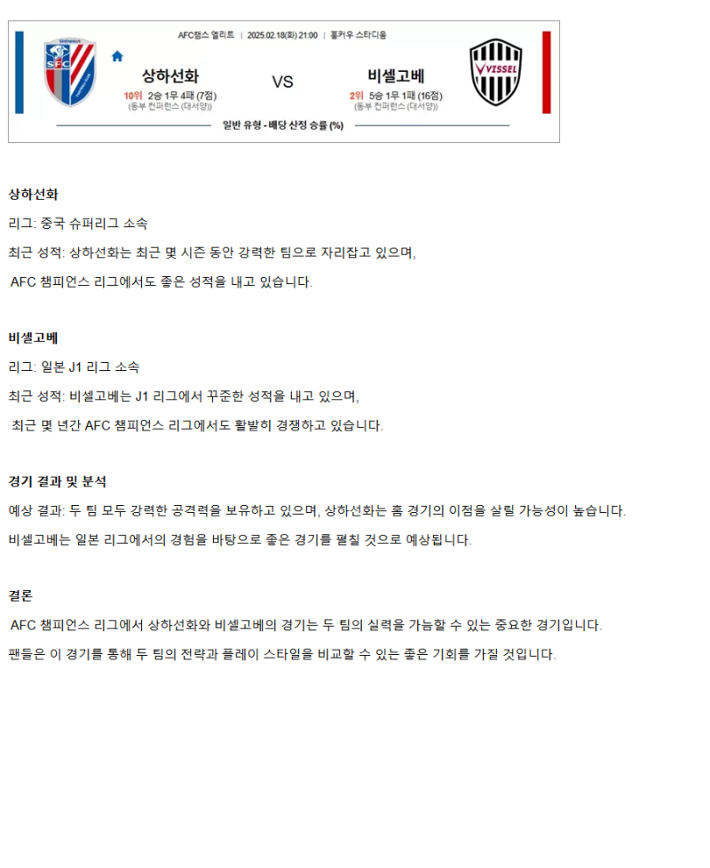2025년2월18일 상하이선화 비셀고베 해외축구 중계 및 분석 올스티비