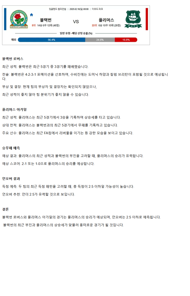 2025년2월16일 블랙번 플리머스 스포츠 분석 및 중계 올스티비