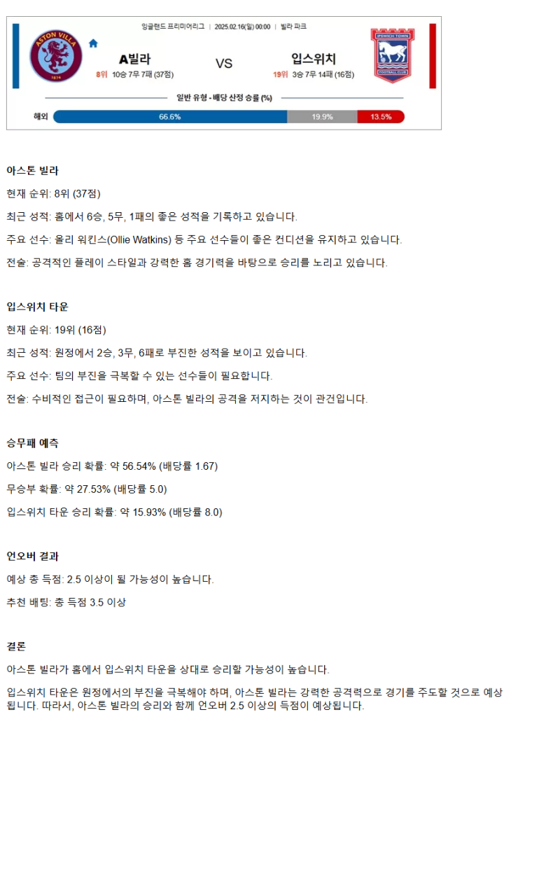 2025년2월16일 애스턴 빌라 FC 입스위치 타운 FC 해외축구 중계 및 분석 올스티비
