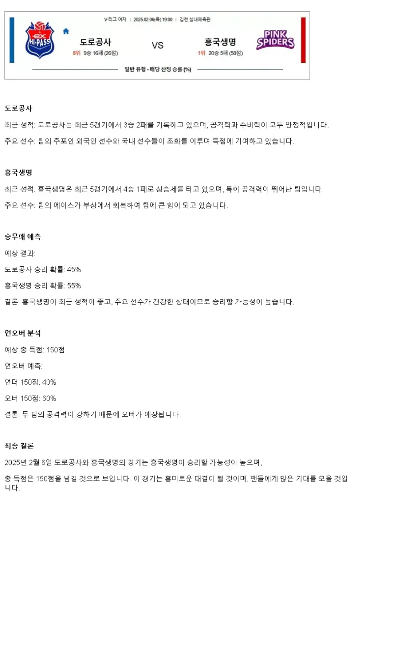 2025년 02월 06일 한국도로공사 하이패스 배구단 흥국생명 핑크스파이더스 배구단 배구 중계 및 분석 올스티비