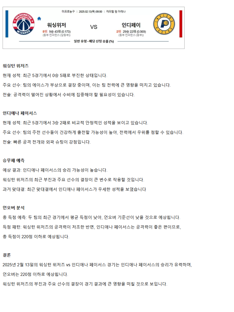 2025년2월13일 워싱턴 위저즈 인디애나 페이서스 해외농구 분석 및 중계 올스티비