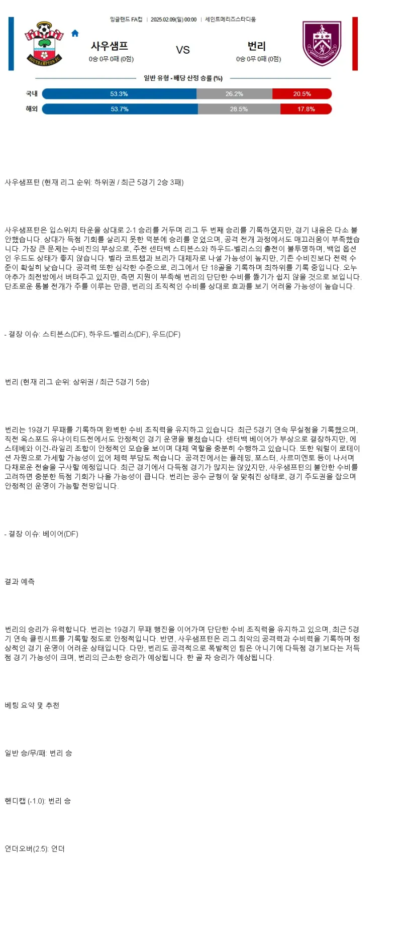 2025년2월9일 사우샘프턴 번리 해외스포츠 분석 및 중계 올스티비