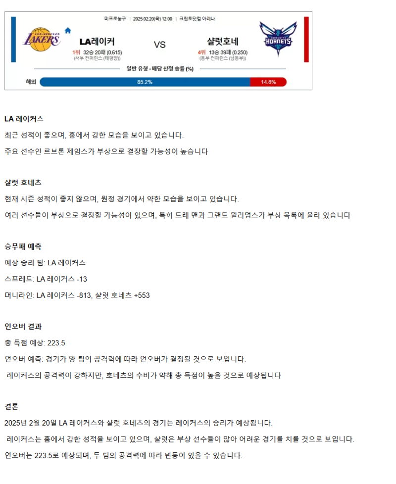 2025년2월20일 LA 레이커스 샬럿 호네츠 NBA 분석 및 중계 올스티비