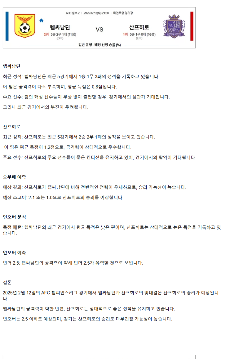2025년2월12일 텝싸남딘 산프히로 해외축구 중계 및 분석 올스티비
