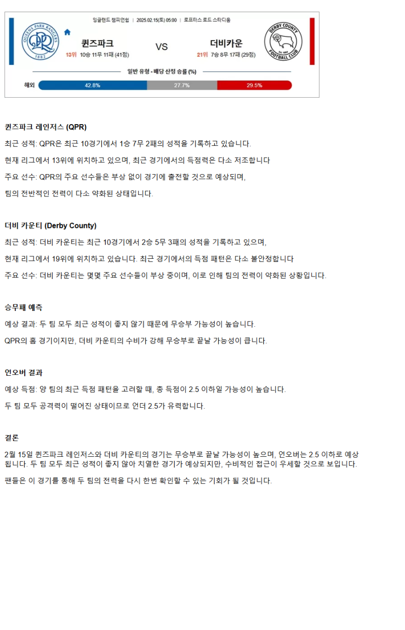 2025년2월15일 퀸즈파크 더비 카운티 스포츠 분석 및 중계 올스티비
