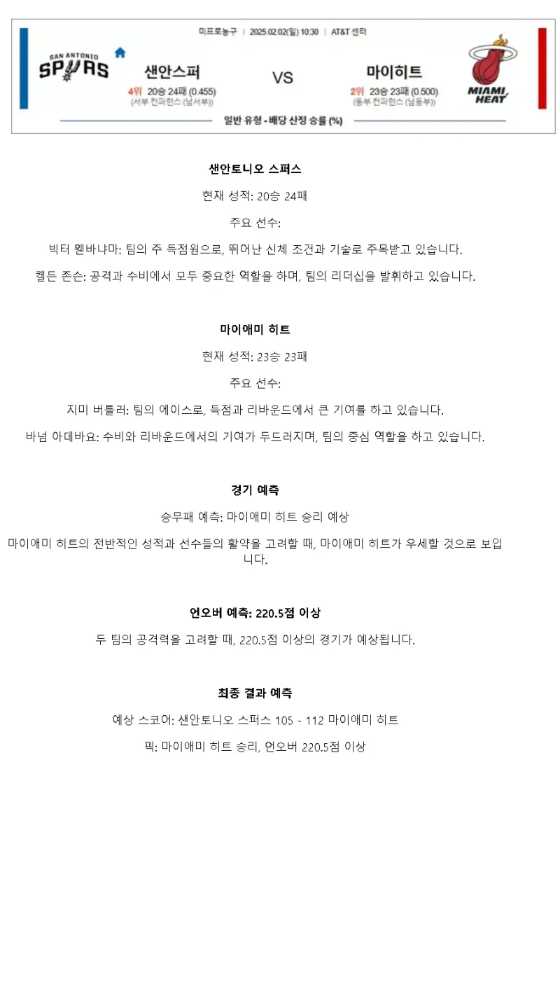 2025년2월2일 샌안토니오 스퍼스 마이애미 히트 NBA 분석 및 중계 올스티비